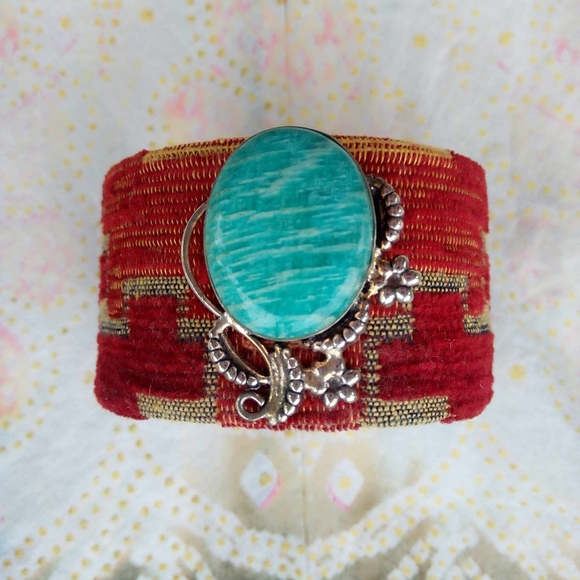 ❤ Artisan Amazonite Gemstone Kilim Cuff Bracelet, Real Silver! - Picture 10 of 13